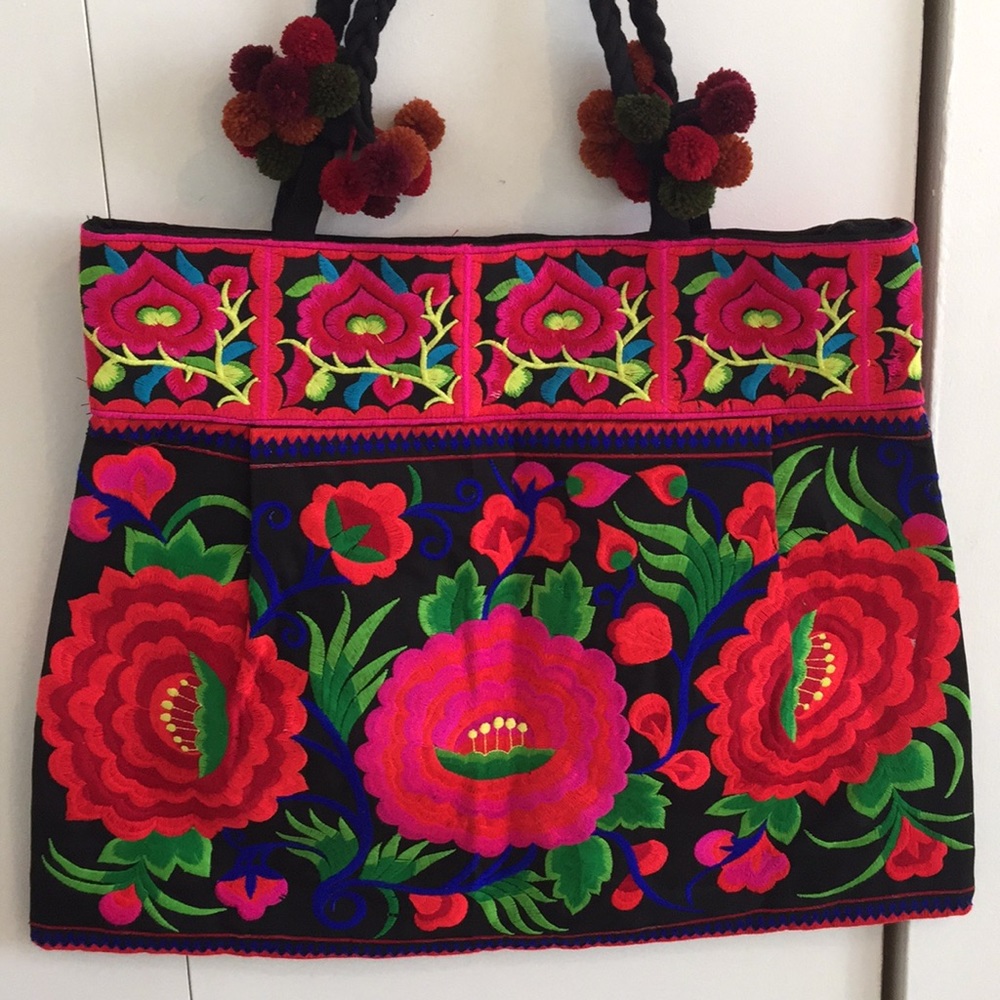 Thai Embroidered Black Tote Bag Floral Reds NEW!!!